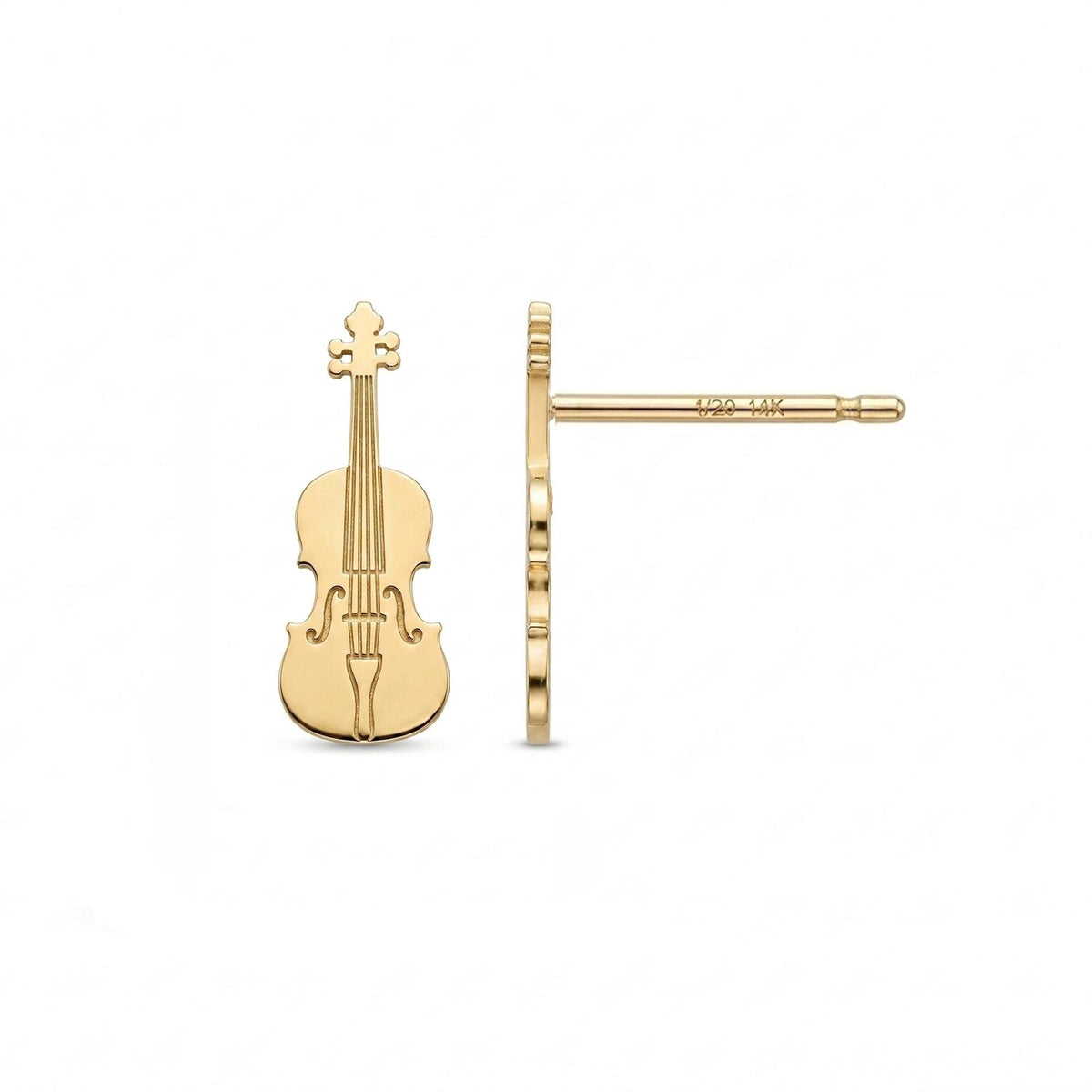 Pair of tiny violin stud earrings in gold, shown front-on with the scroll and strings visible