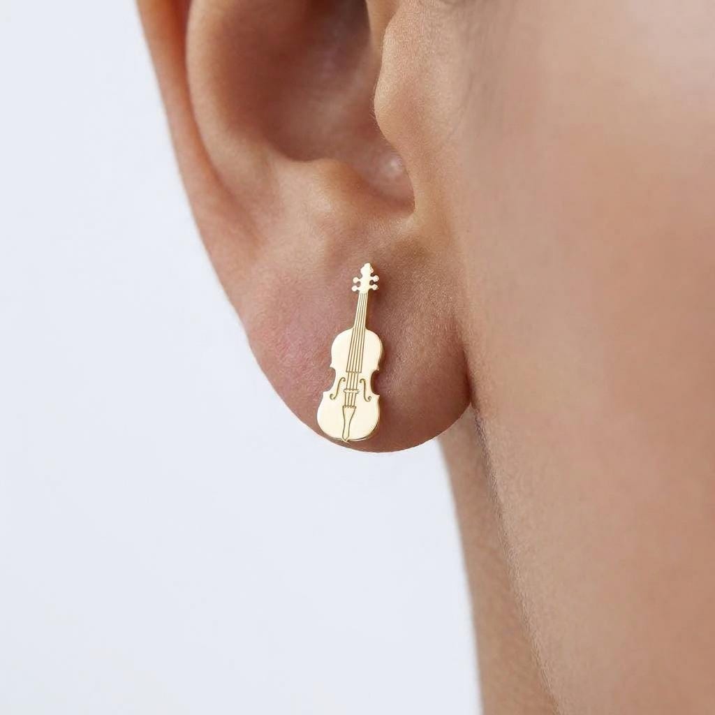 Pair of tiny violin stud earrings in gold, shown front-on with the scroll and strings visible (2 of 8)