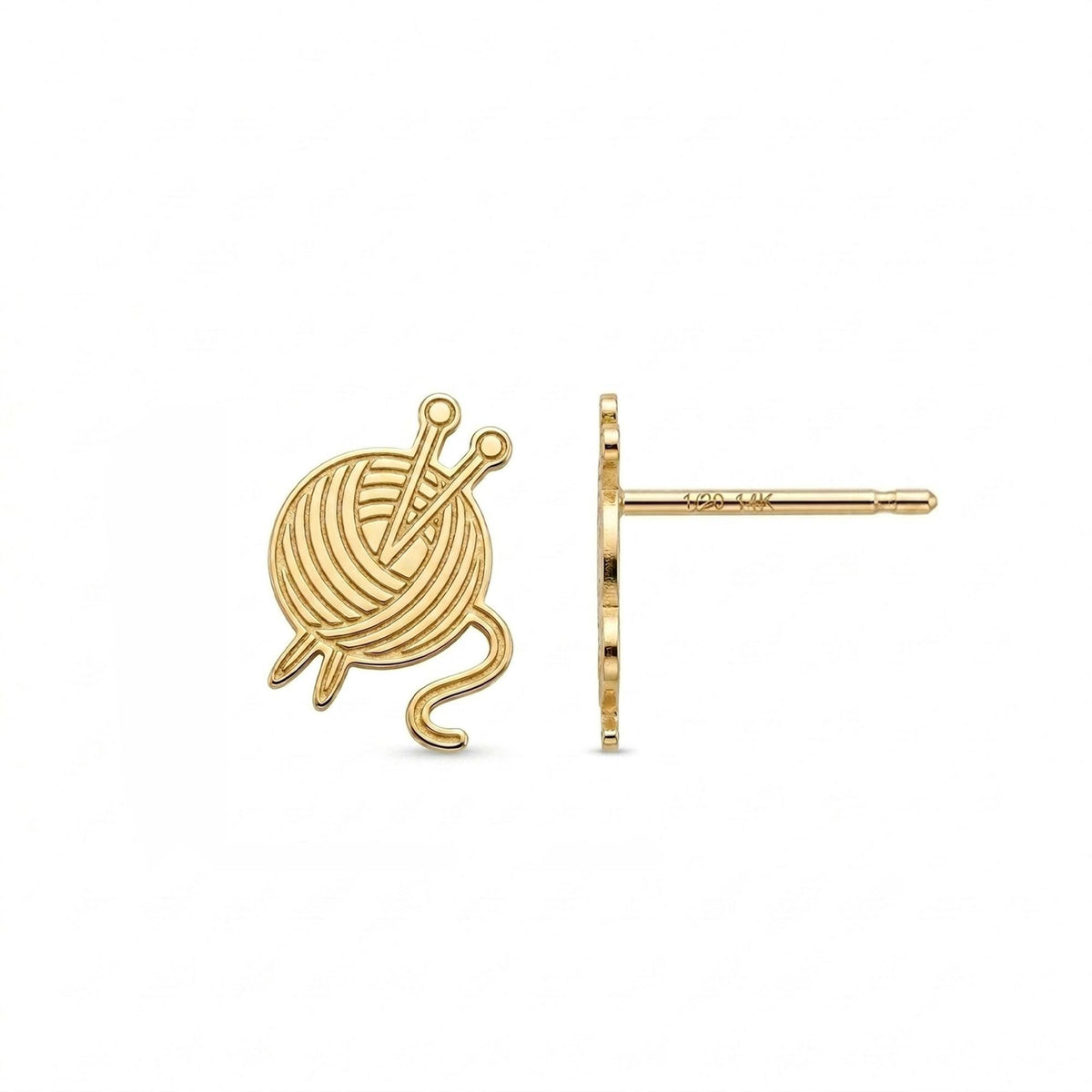 Pair of small stud earrings shaped as a yarn ball with two crossed knitting needles