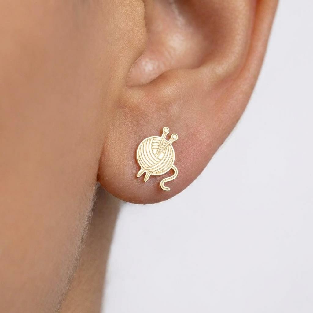 Pair of small stud earrings shaped as a yarn ball with two crossed knitting needles (2 of 9)