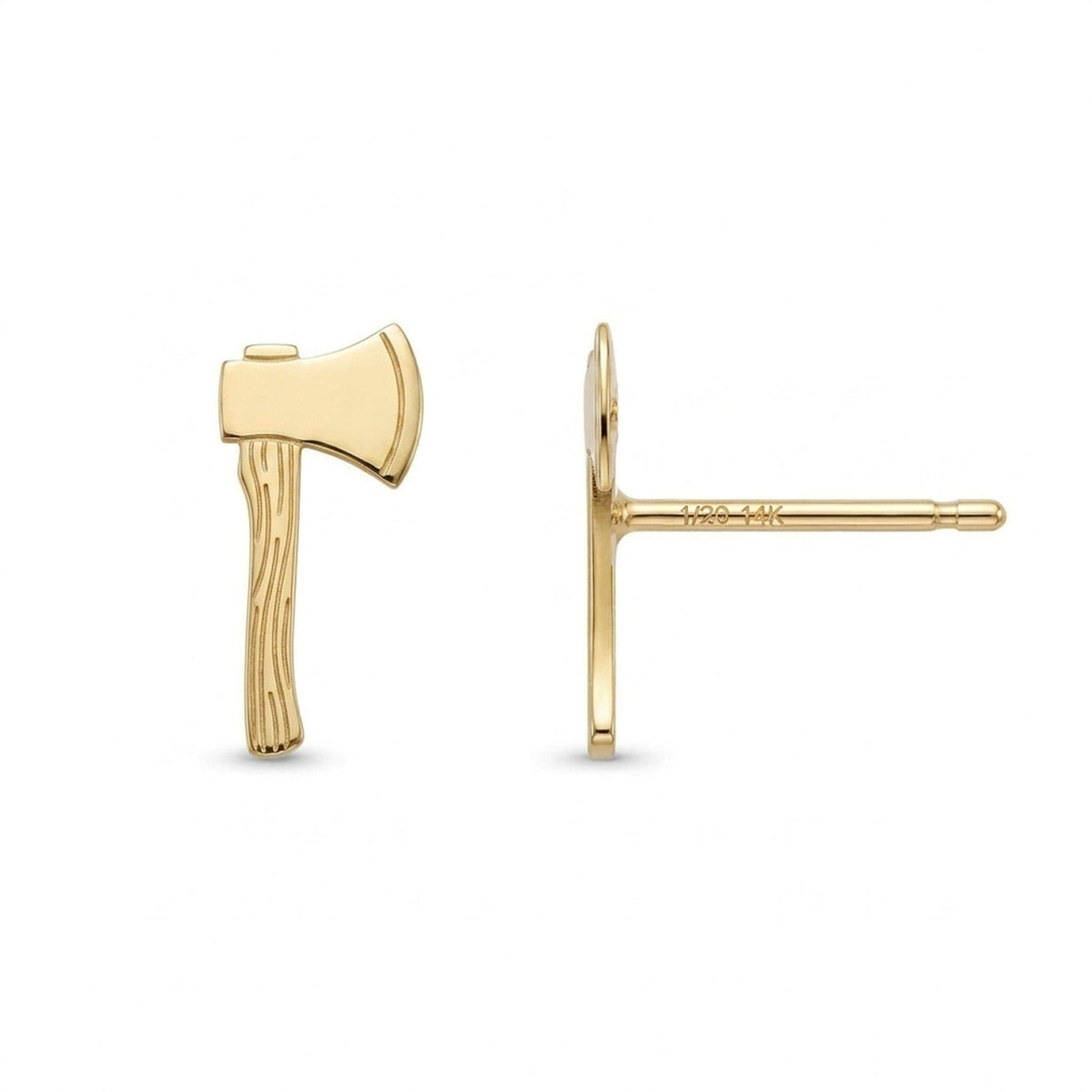 Pair of tiny gold axe stud earrings shown flat on a white background.