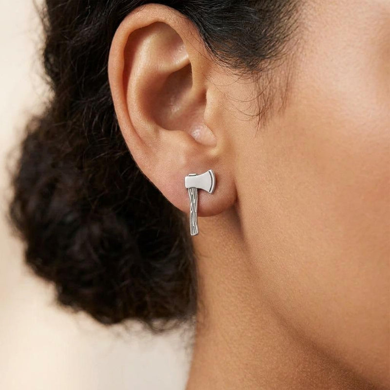 Pair of tiny gold axe stud earrings shown flat on a white background. (3 of 8)