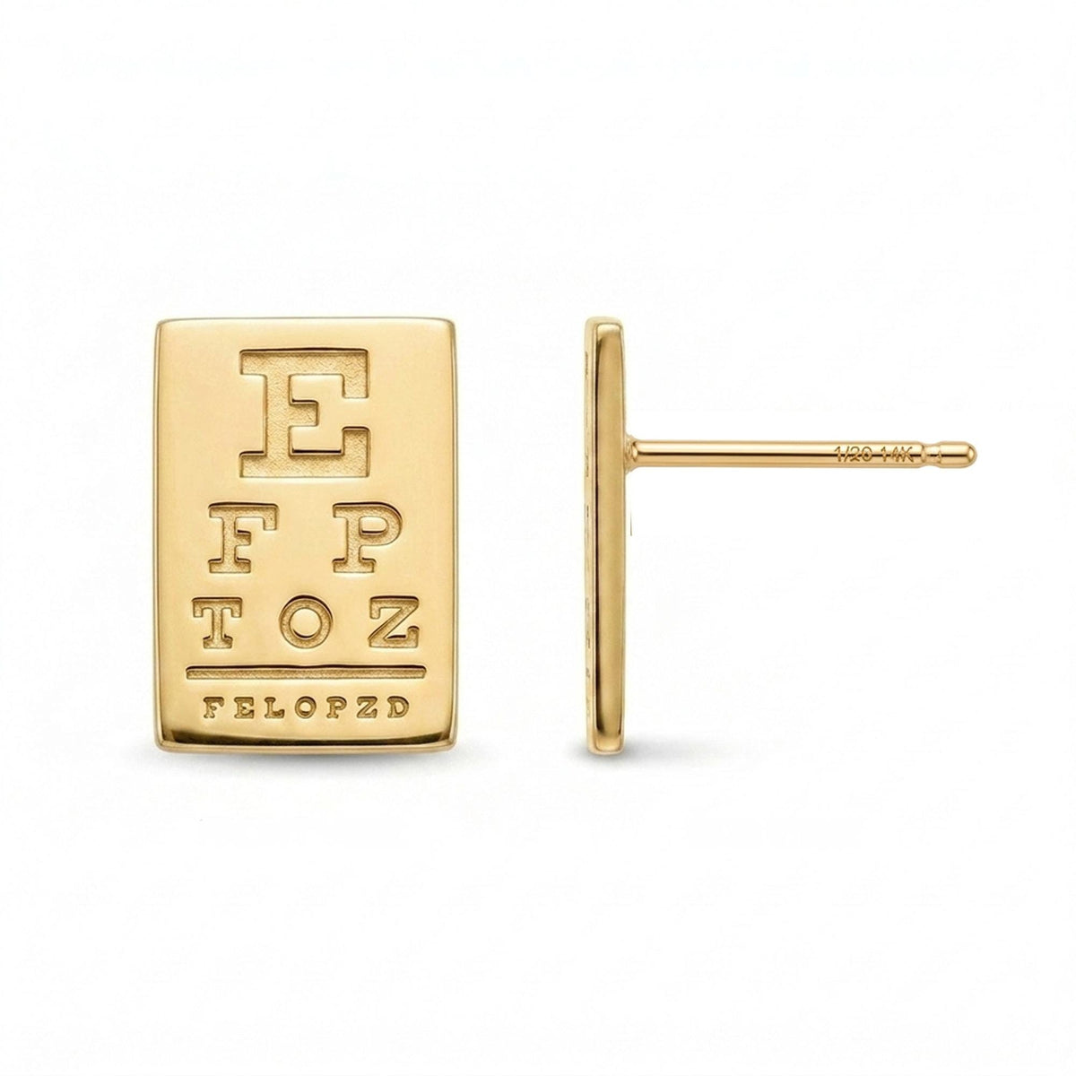 Pair of small eye chart stud earrings in gold with a large E and narrowing rows