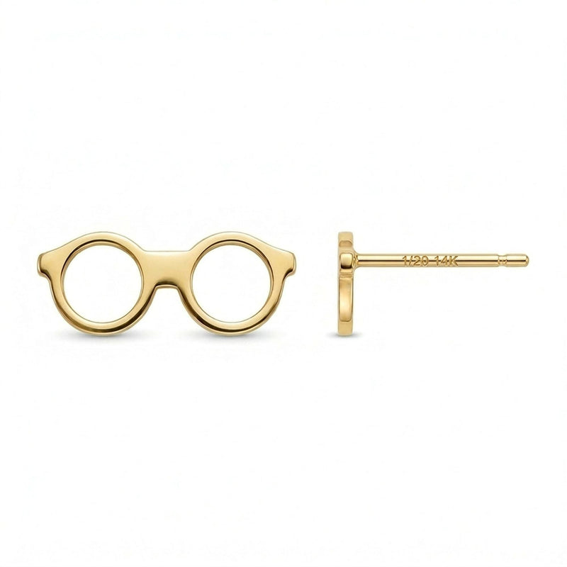 Pair of gold stud earrings shaped like round eyeglasses with open lenses and folded arms