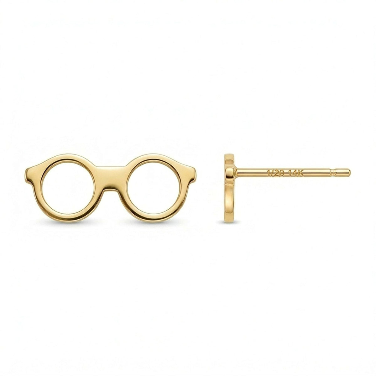 Pair of gold stud earrings shaped like round eyeglasses with open lenses and folded arms