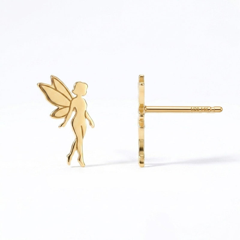 Pair of small gold fairy stud earrings with open wings behind the figure.