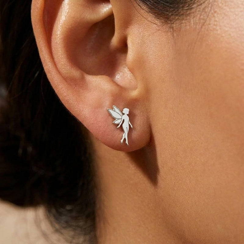 Pair of small gold fairy stud earrings with open wings behind the figure. (4 of 8)