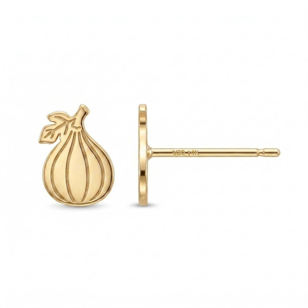 Pair of tiny gold fig stud earrings with short stems