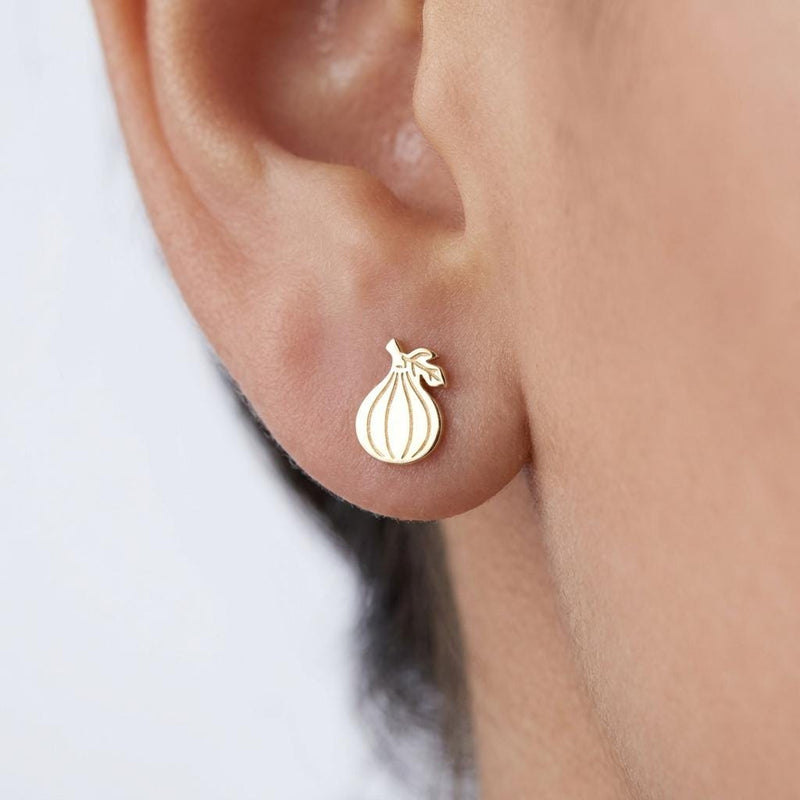 Pair of tiny gold fig stud earrings with short stems (2 of 7)
