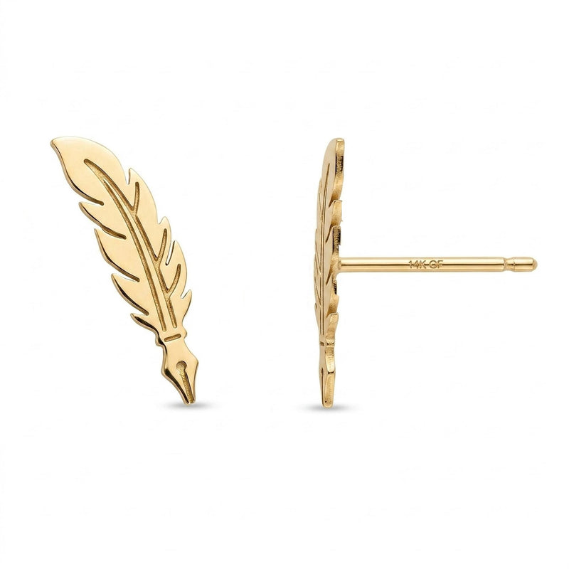 Pair of gold feather quill stud earrings with the nib pointing down