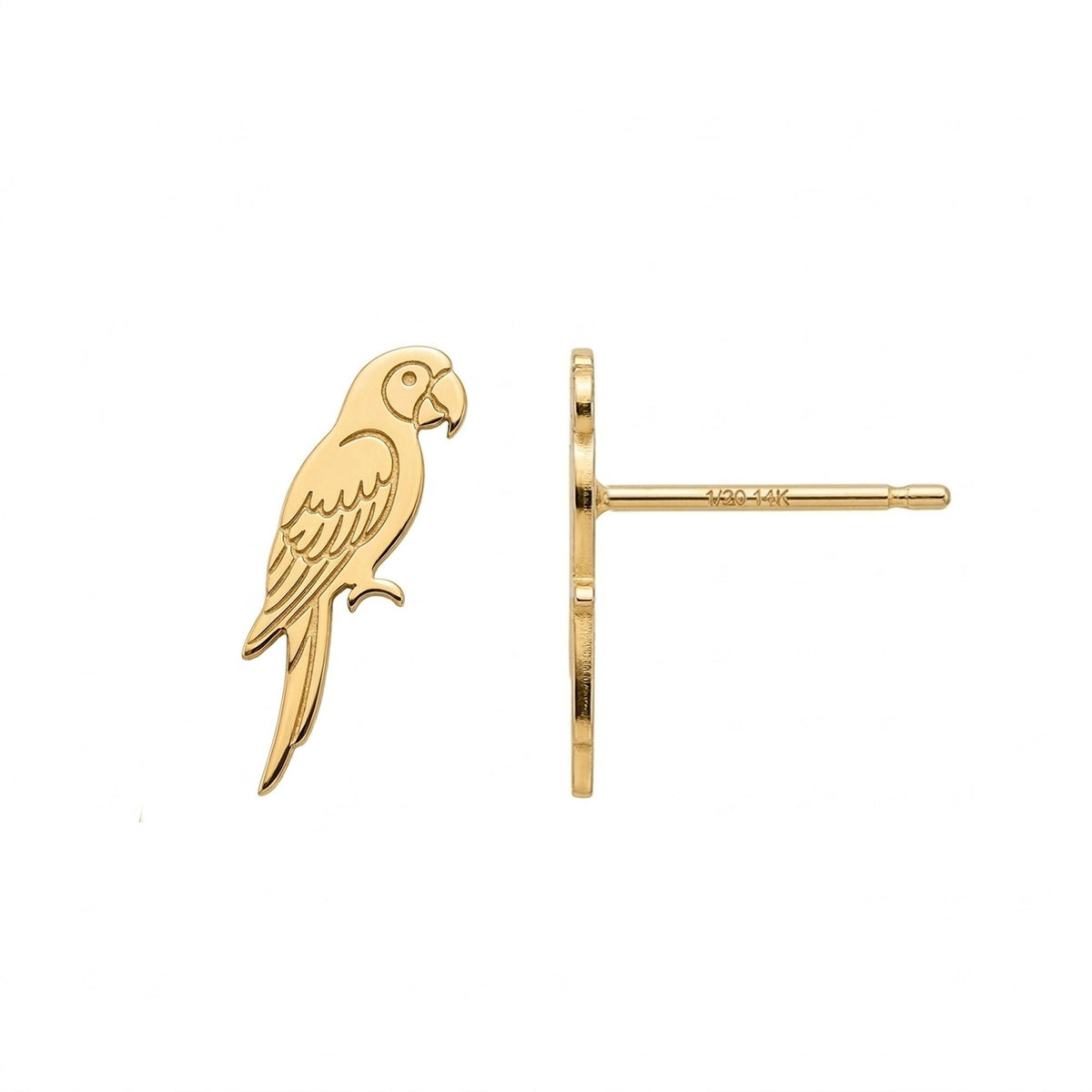 Pair of perched parrot stud earrings with long tails in gold