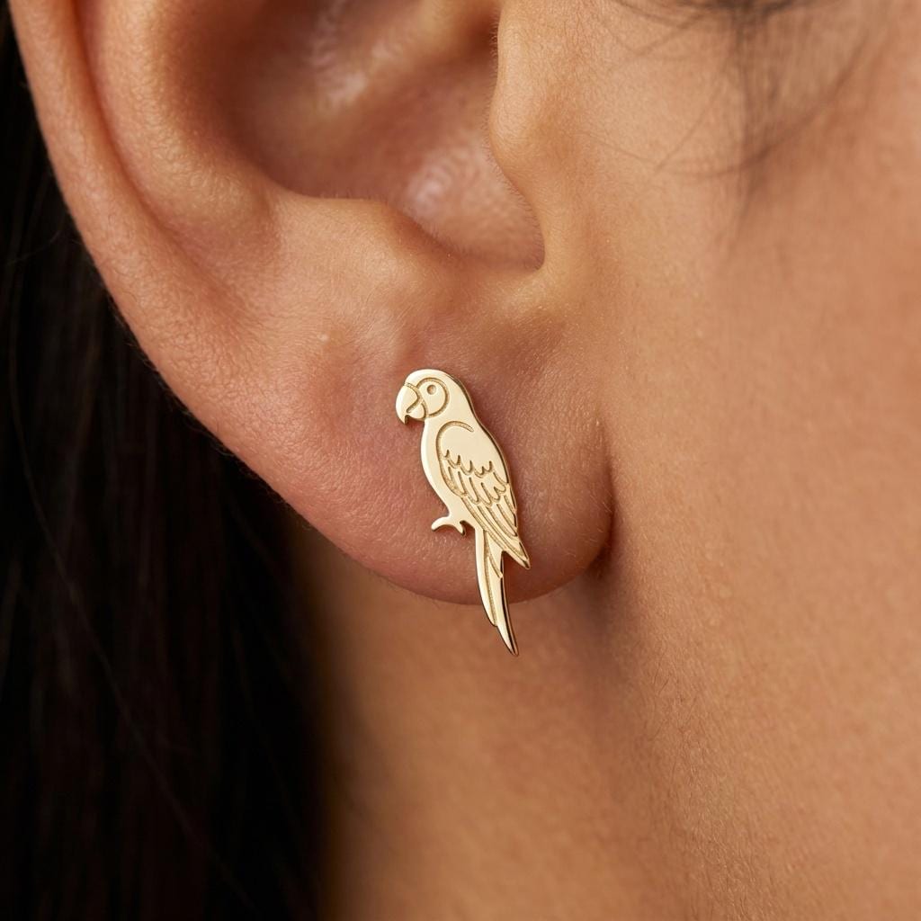Pair of perched parrot stud earrings with long tails in gold (2 of 9)