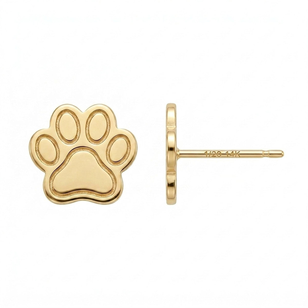 Pair of tiny gold paw print stud earrings with four toes and a rounded pad