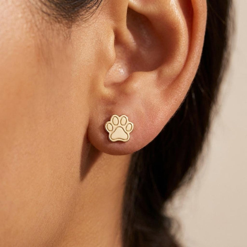 Pair of tiny gold paw print stud earrings with four toes and a rounded pad (2 of 10)