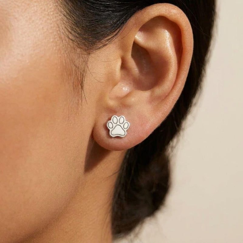 Pair of tiny gold paw print stud earrings with four toes and a rounded pad (4 of 10)