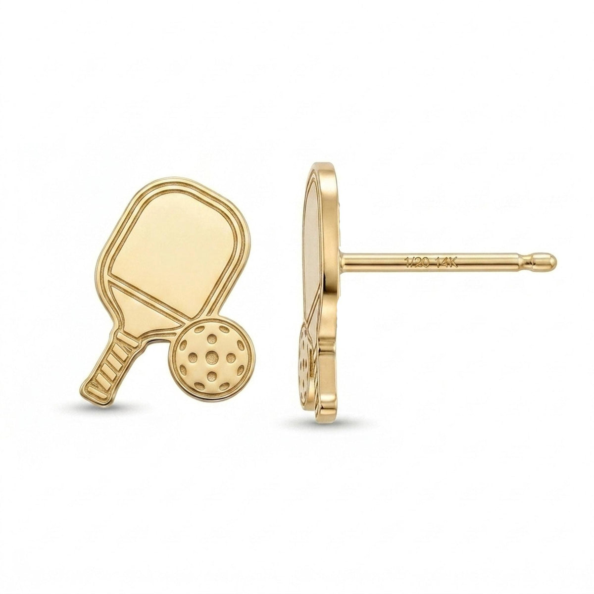 Small gold pickleball paddle and ball stud earrings on gold-filled posts