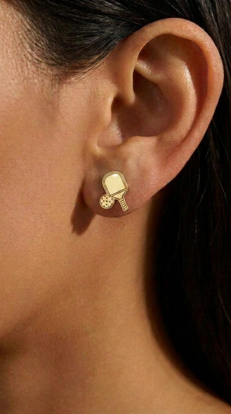 Small gold pickleball paddle and ball stud earrings on gold-filled posts (2 of 8)