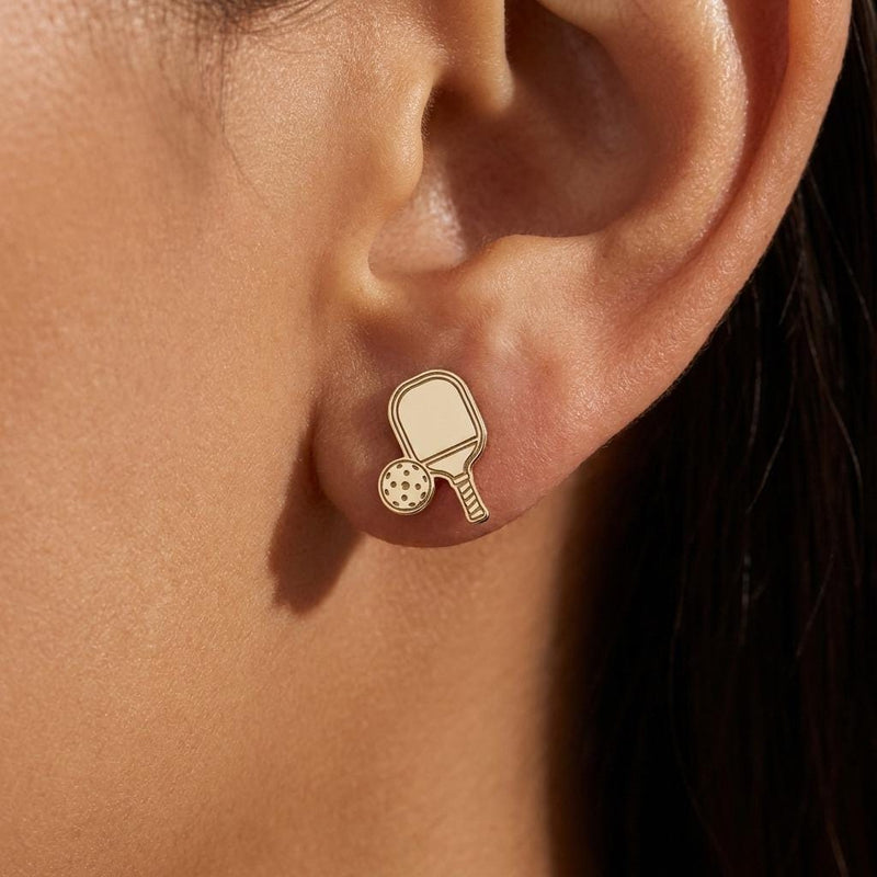 Small gold pickleball paddle and ball stud earrings on gold-filled posts (3 of 8)