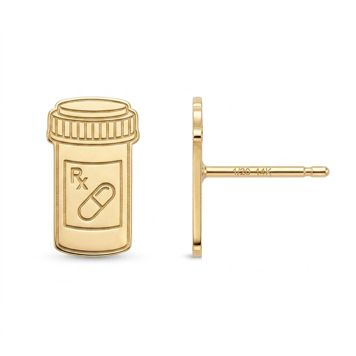 Small gold prescription pill bottle stud earrings with cap detail, shown as a pair