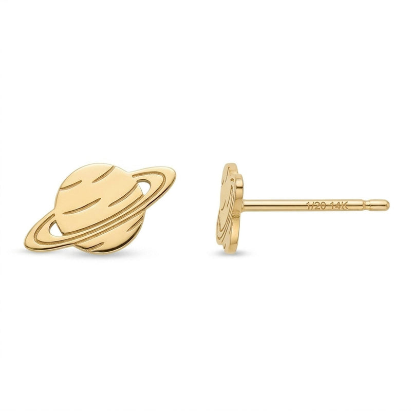 Pair of small tilted Saturn planet stud earrings in polished gold