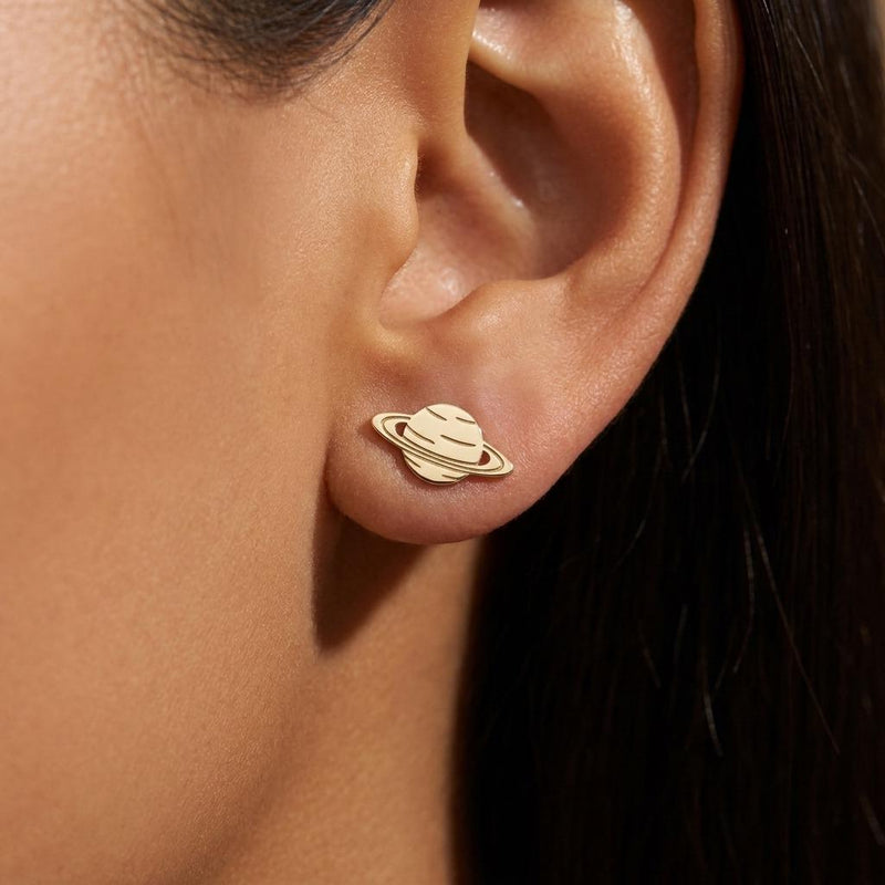 Pair of small tilted Saturn planet stud earrings in polished gold (2 of 9)