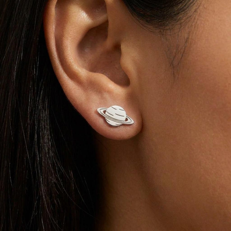 Pair of small tilted Saturn planet stud earrings in polished gold (3 of 9)