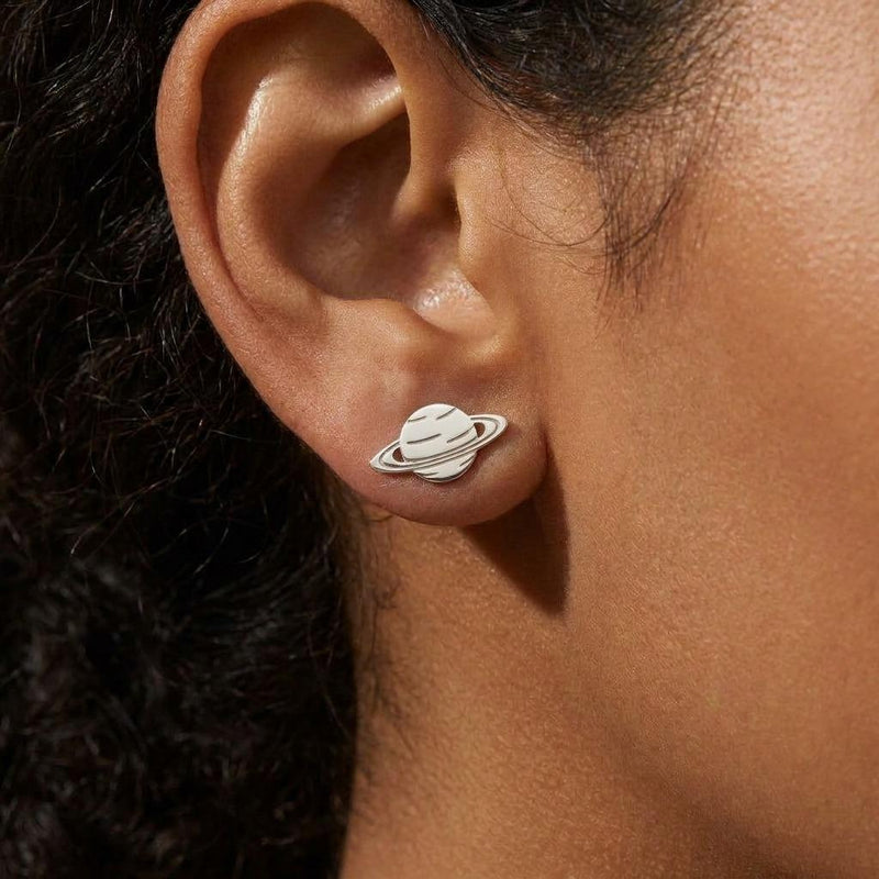 Pair of small tilted Saturn planet stud earrings in polished gold (4 of 9)