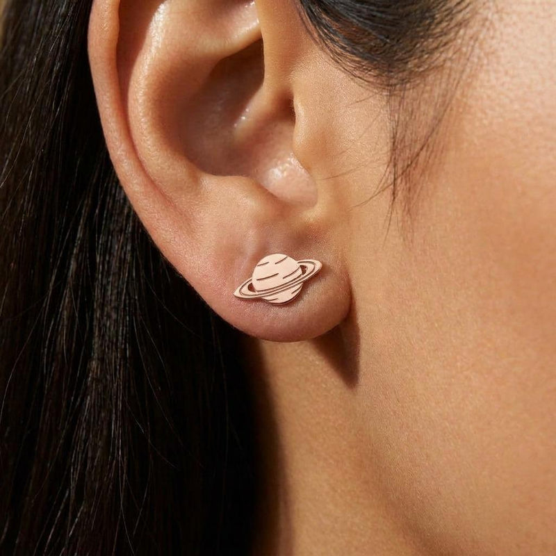Pair of small tilted Saturn planet stud earrings in polished gold (6 of 9)