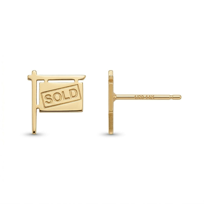 Pair of small gold yard sign stud earrings with the word SOLD cut into the face