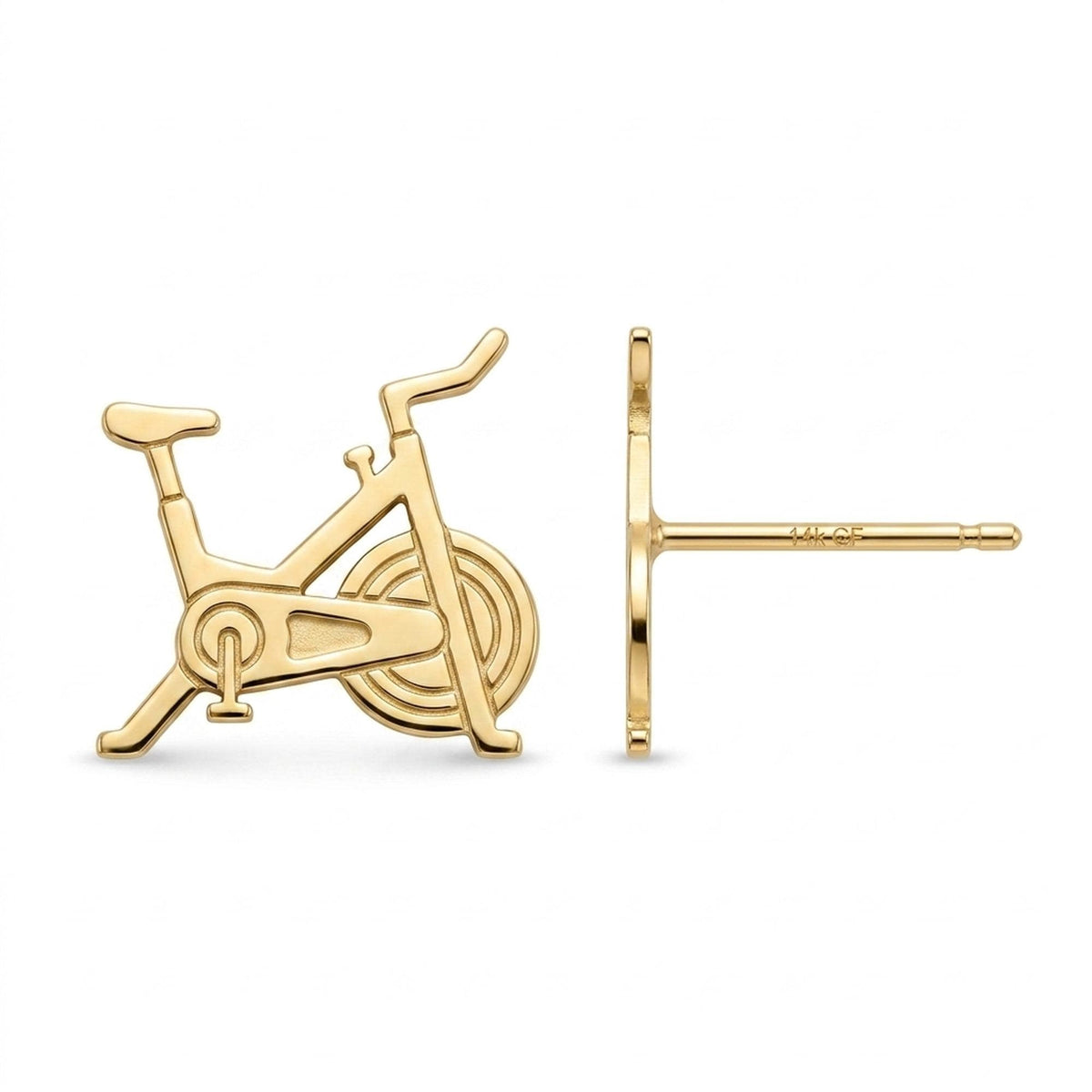 Pair of gold stud earrings shaped like a stationary exercise bike