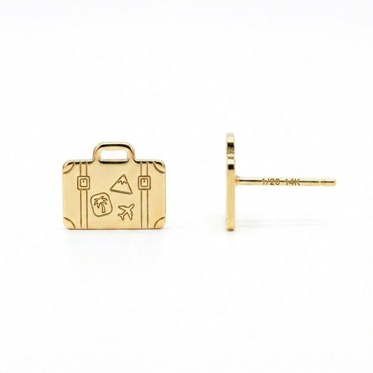 Pair of small vintage suitcase stud earrings in gold with handle and latches