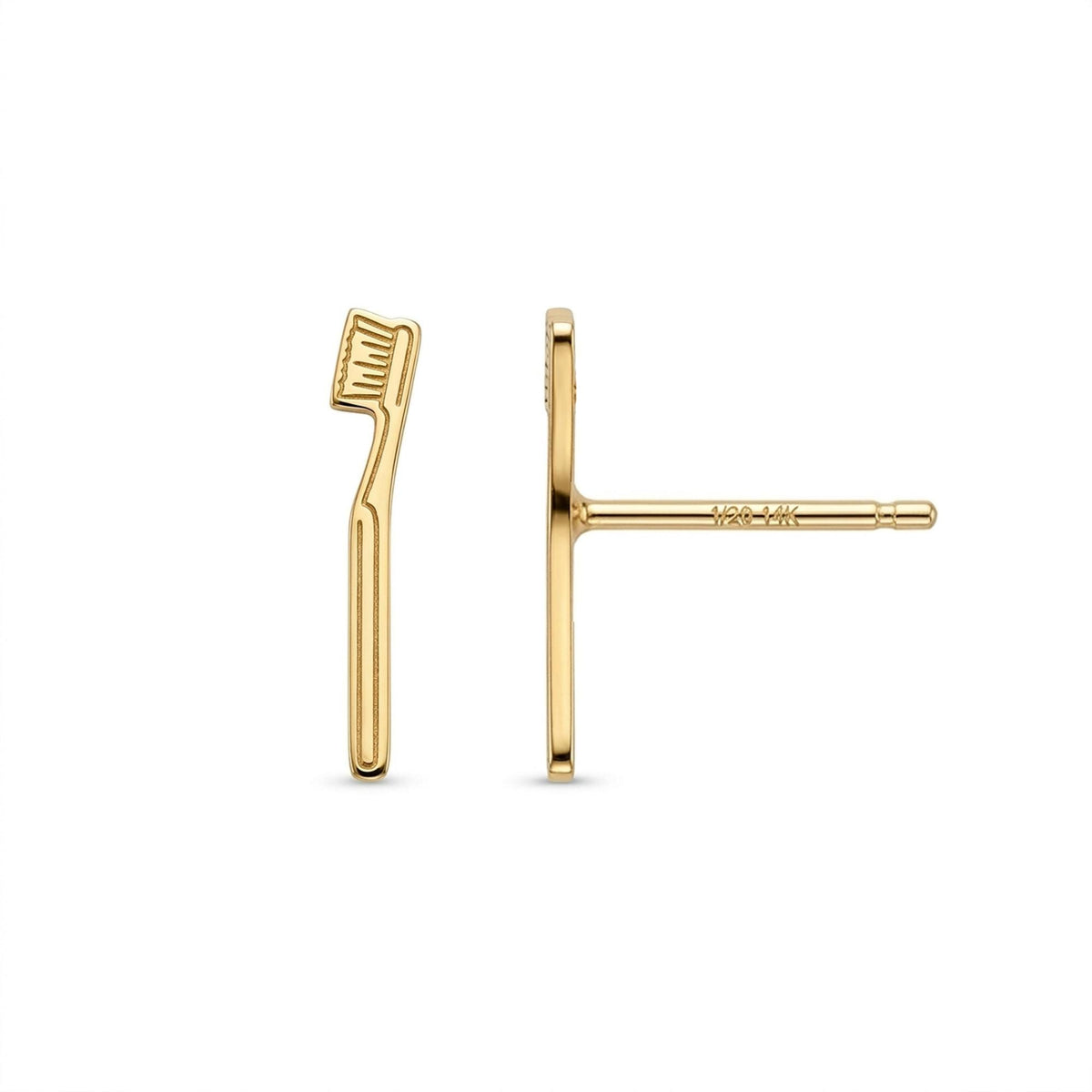 Pair of narrow gold toothbrush stud earrings with visible bristle detail