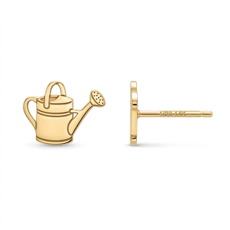 Pair of small gold watering can stud earrings with spout and handle detail