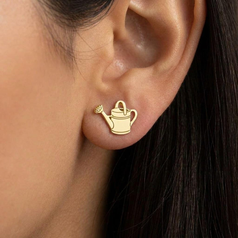 Pair of small gold watering can stud earrings with spout and handle detail (2 of 9)