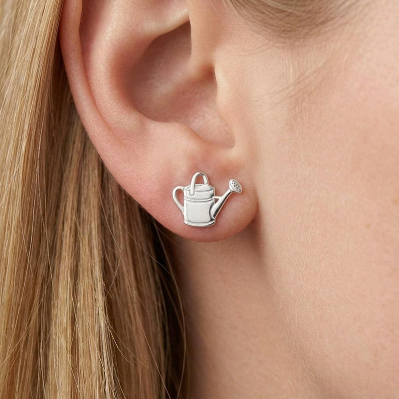 Pair of small gold watering can stud earrings with spout and handle detail (3 of 9)