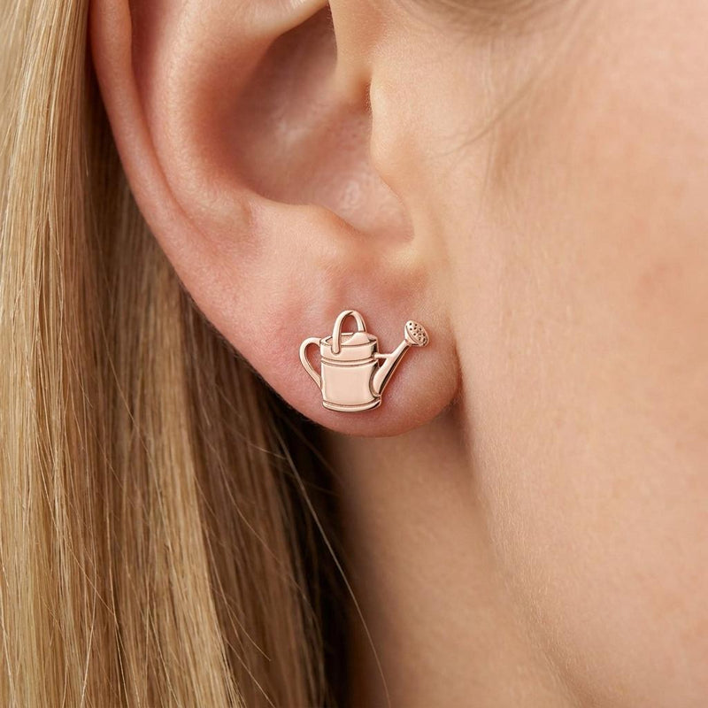 Pair of small gold watering can stud earrings with spout and handle detail (4 of 9)