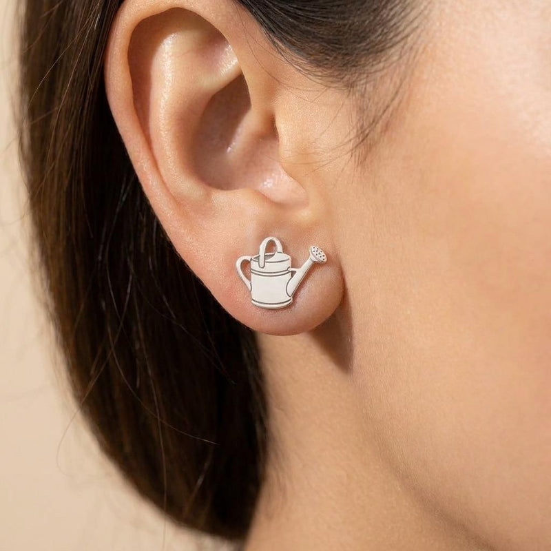 Pair of small gold watering can stud earrings with spout and handle detail (5 of 9)