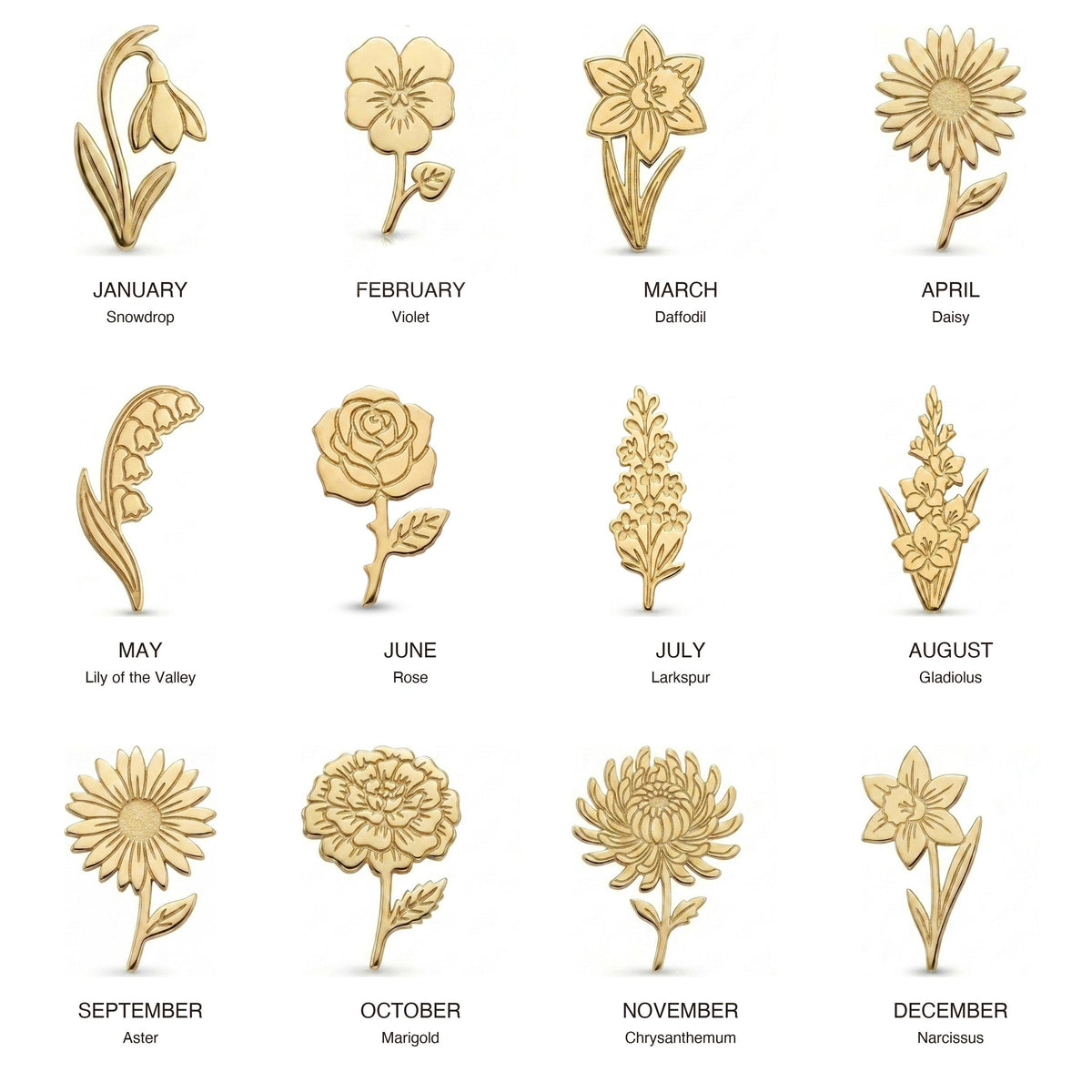 Pair of tiny flat gold birth flower stud earrings with detailed petals