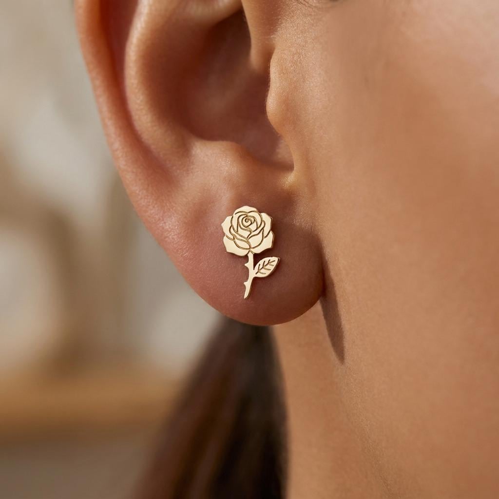 Pair of tiny flat gold birth flower stud earrings with detailed petals (2 of 15)