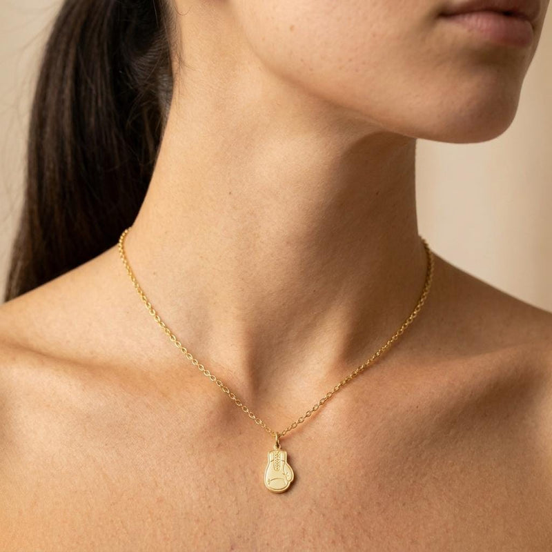 Gold boxing gloves charm necklace with two laced gloves on a fine cable chain (2 of 9)