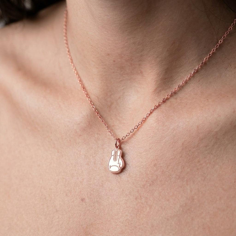Gold boxing gloves charm necklace with two laced gloves on a fine cable chain (5 of 9)