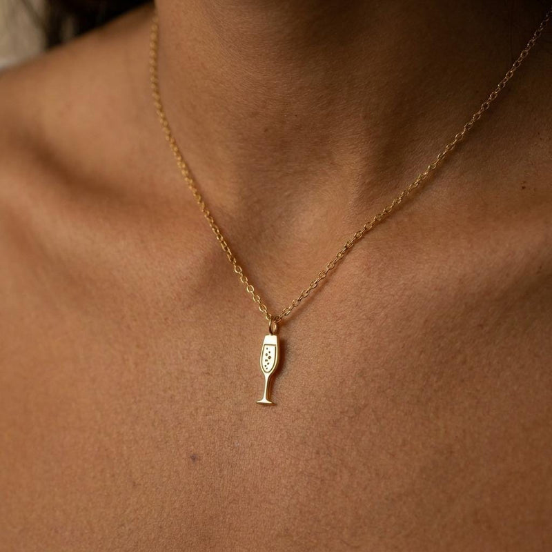 Dainty gold champagne flute charm necklace with bubbles, on a fine chain (5 of 8)