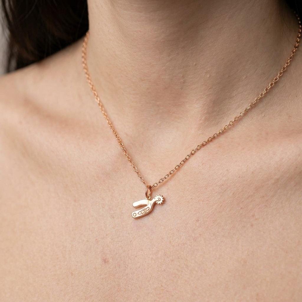 Small gold cowboy spur pendant with rowel hanging from a thin cable chain (2 of 7)