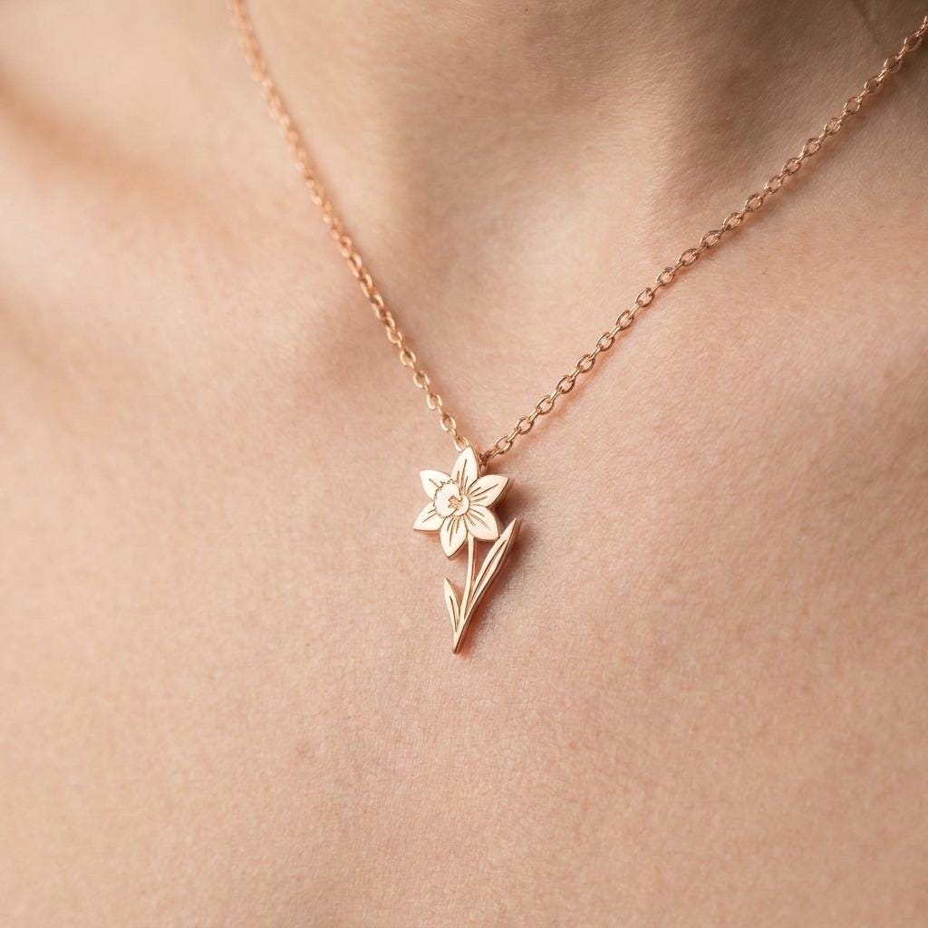 Gold narcissus flower charm necklace with trumpet center and petals, on a fine chain