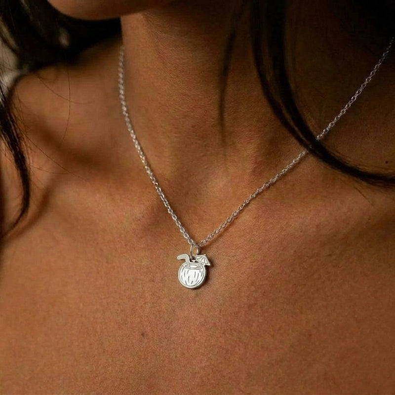 Gold coconut drink charm necklace with straw and cocktail umbrella on a fine chain (3 of 9)