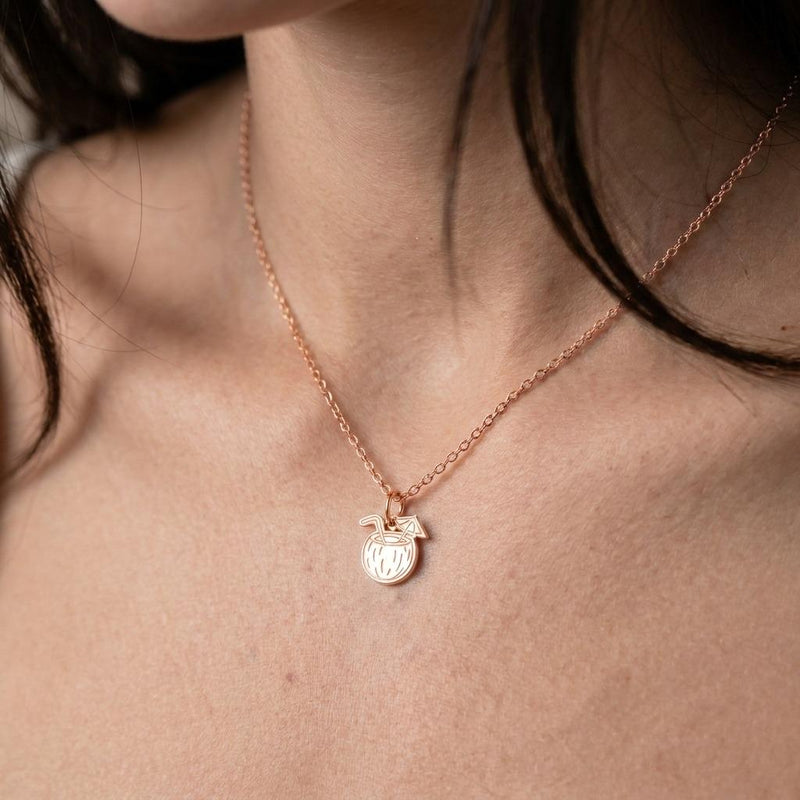 Gold coconut drink charm necklace with straw and cocktail umbrella on a fine chain (5 of 9)