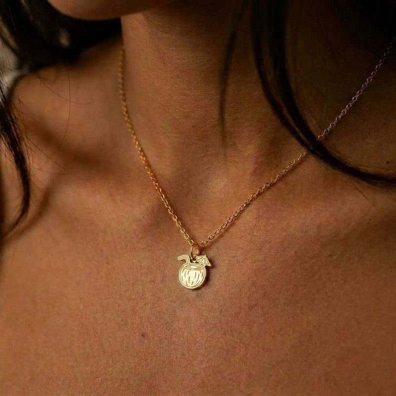 Gold coconut drink charm necklace with straw and cocktail umbrella on a fine chain (6 of 9)