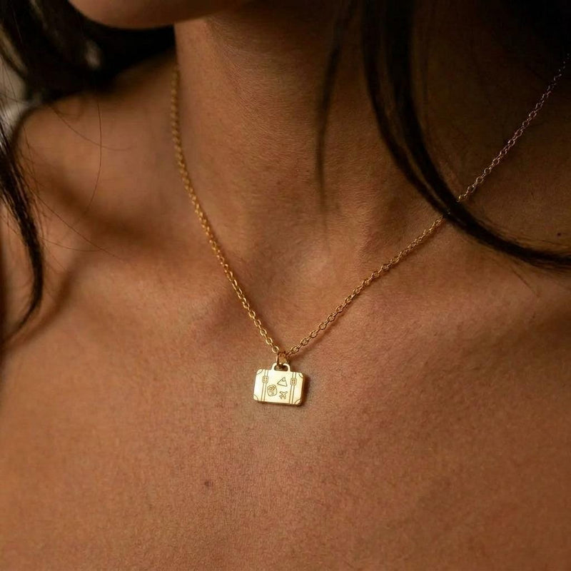 Small gold suitcase pendant with top handle and front clasps on a thin chain (3 of 7)