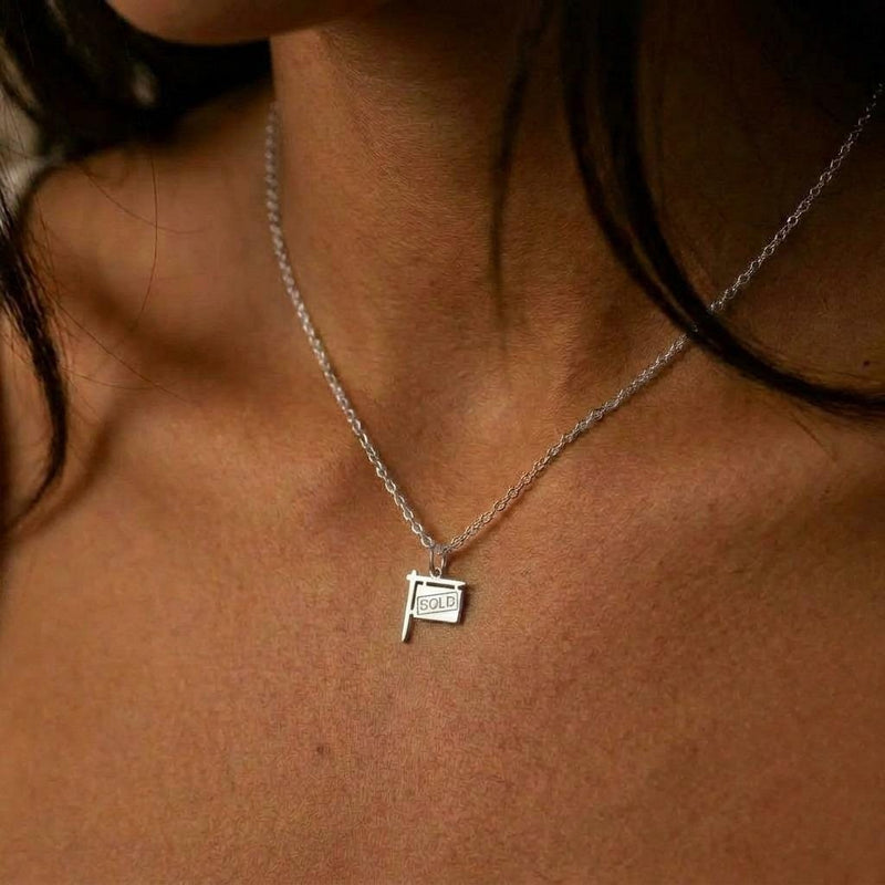 Gold yard sign charm necklace reading SOLD, on a fine cable chain (3 of 7)