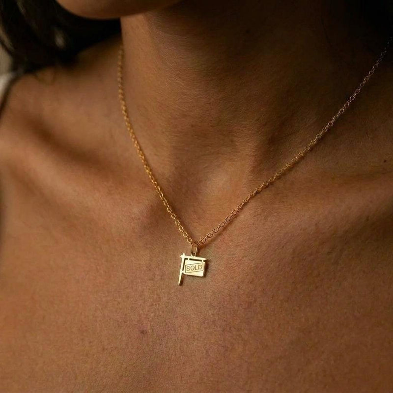 Gold yard sign charm necklace reading SOLD, on a fine cable chain (4 of 7)